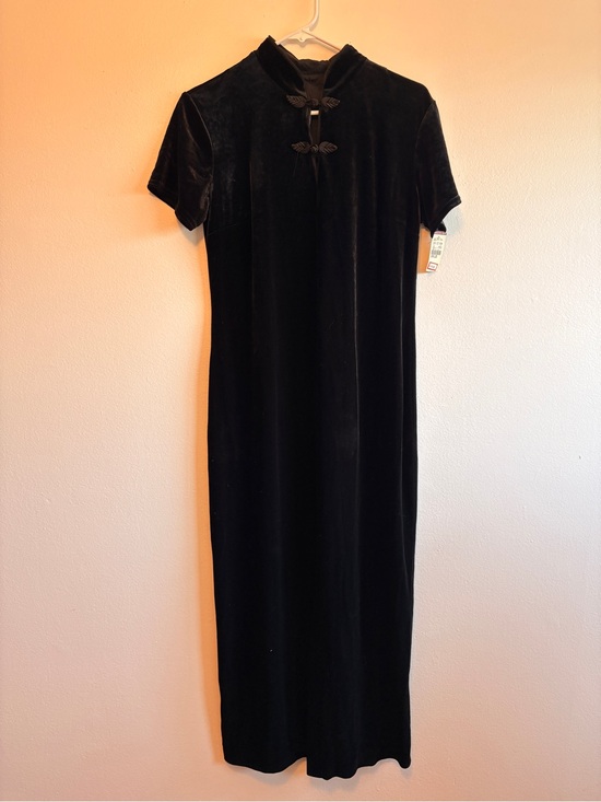 Dressing Clio Dresses & Skirts - Black Velvet Maxi Dress Mandarin Collar Frog Closure VTG